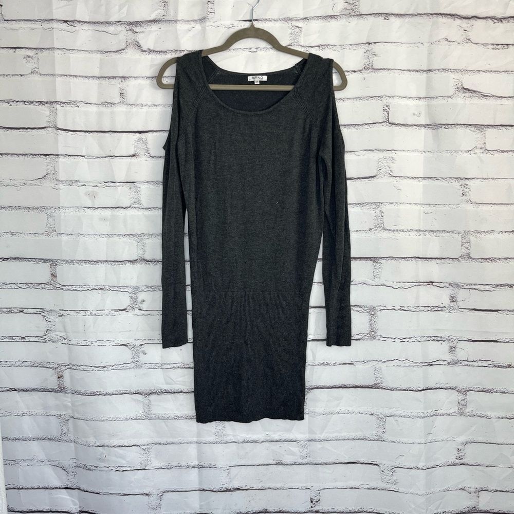 Buffalo David Bitton Charcoal Gray Cold Shoulder Knit Bodycon Sweater Dress S